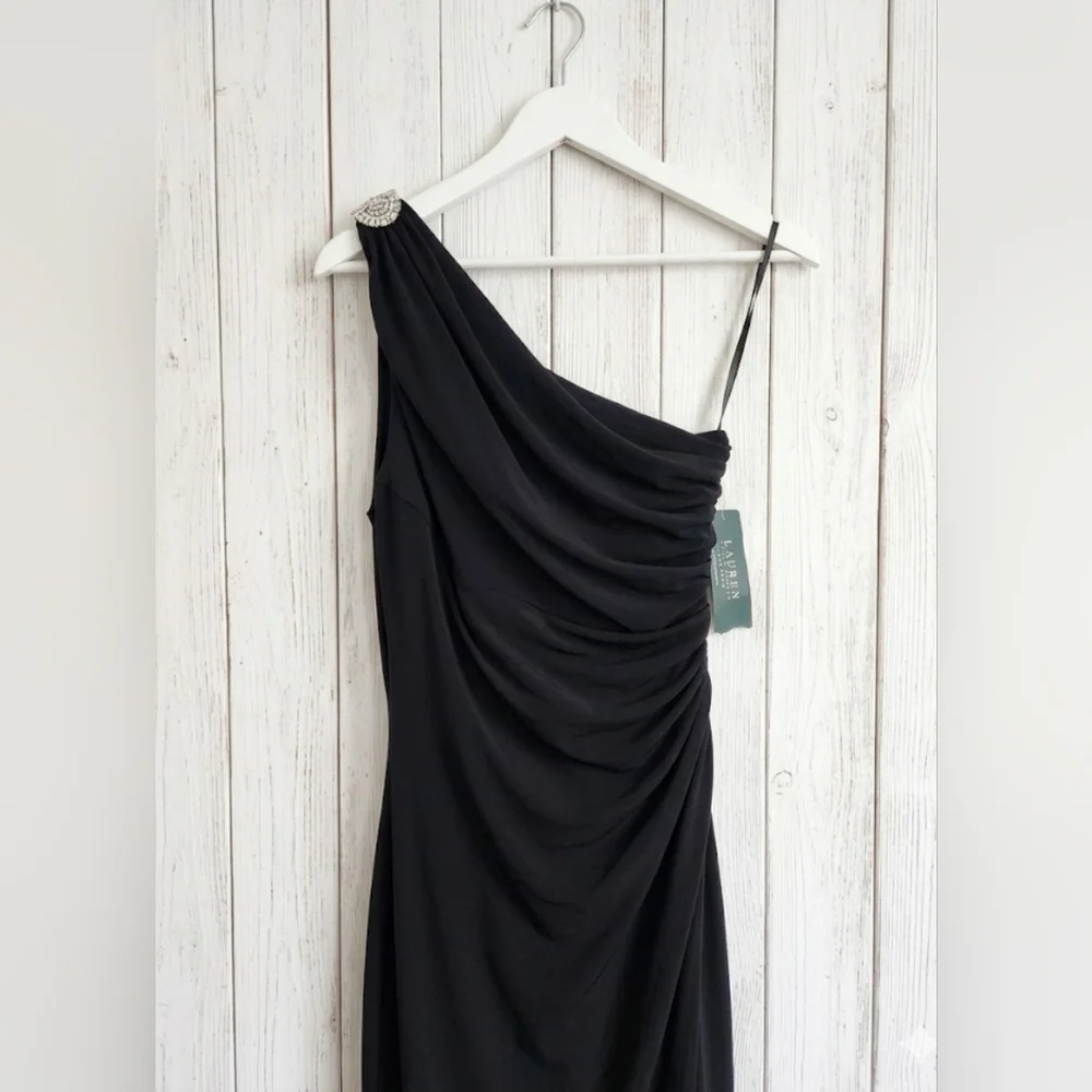 NWT Lauren Ralph Lauren Black One-Shoulder Ruched Gown 4 Tall Friendly Gala - Picture 5 of 16